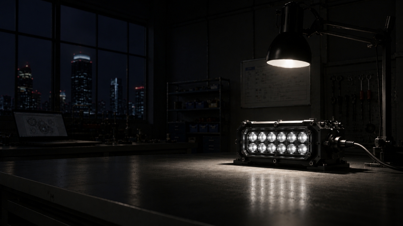 A Pendios light bar LRU under test on the workbench, engineering workstation in the background