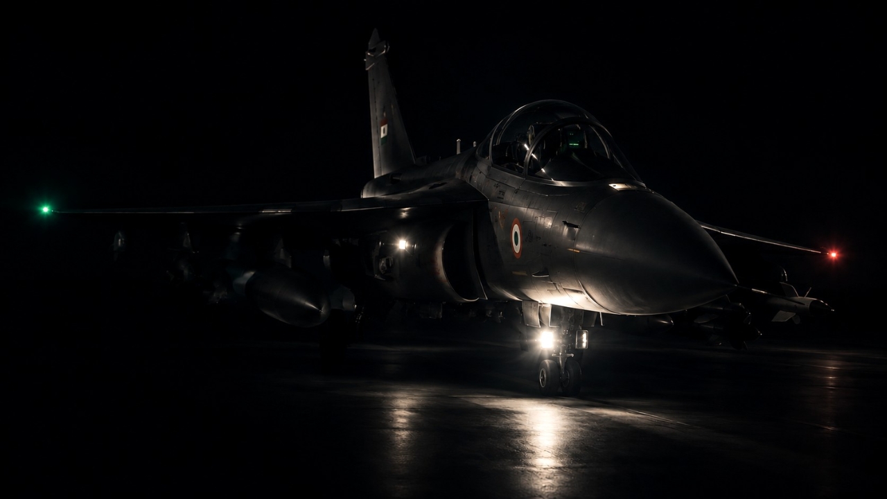 LCA Tejas on the tarmac at night, formation lights illuminated, manufactured by Pendios Technologies