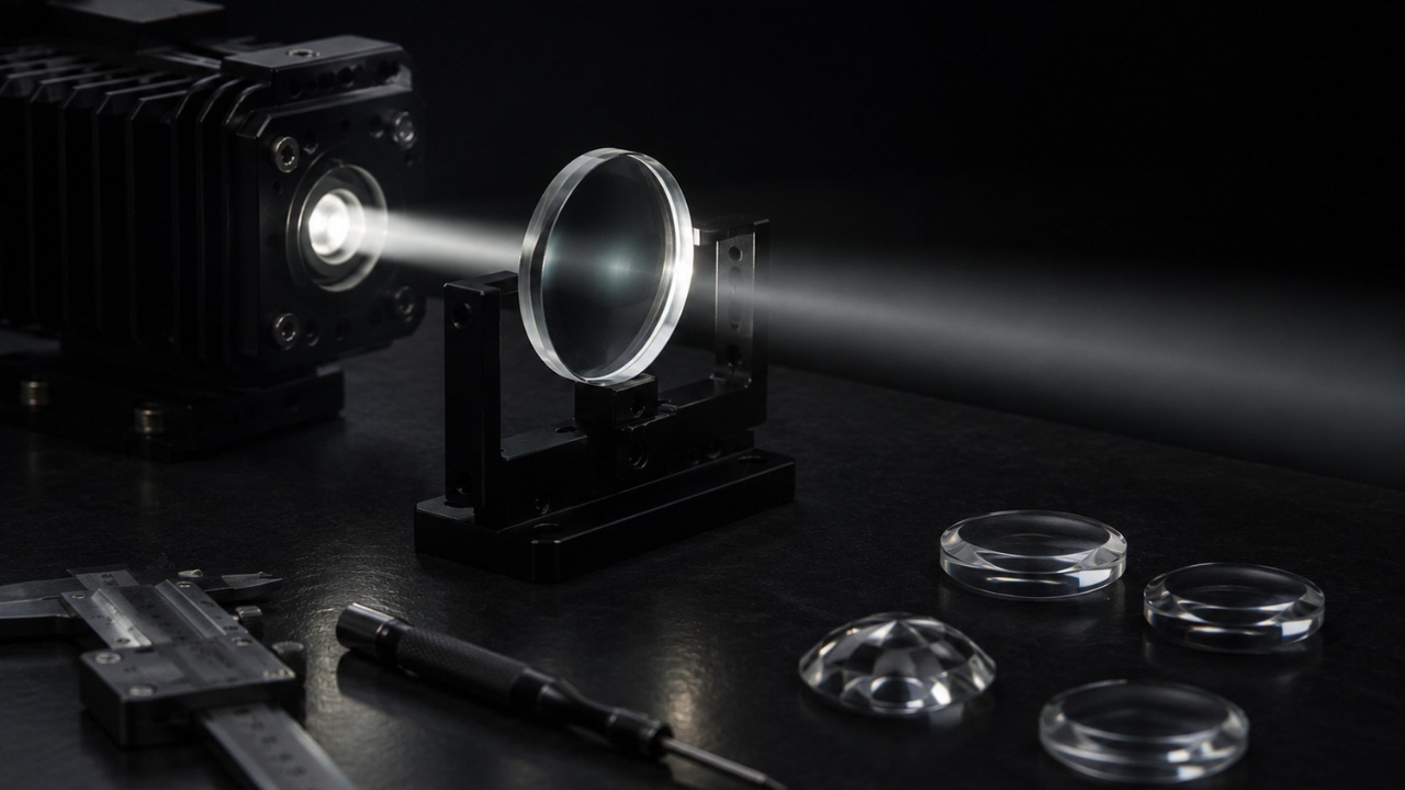Collimated optical bench setup with lens mounts and precision optical elements