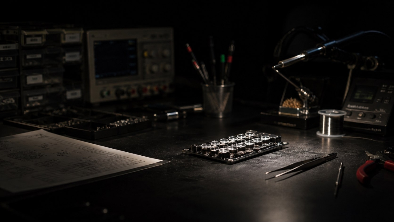 An illuminated LED array LRU under assembly on the workbench, oscilloscope and hand tools in the background