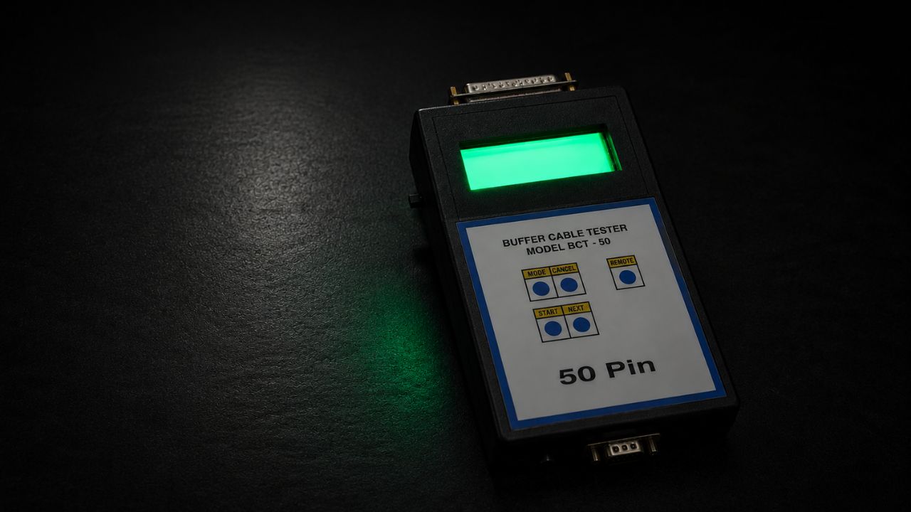 Spacecraft Harness Tester unit with a PASS test status readout, connected to a labelled wiring harness
