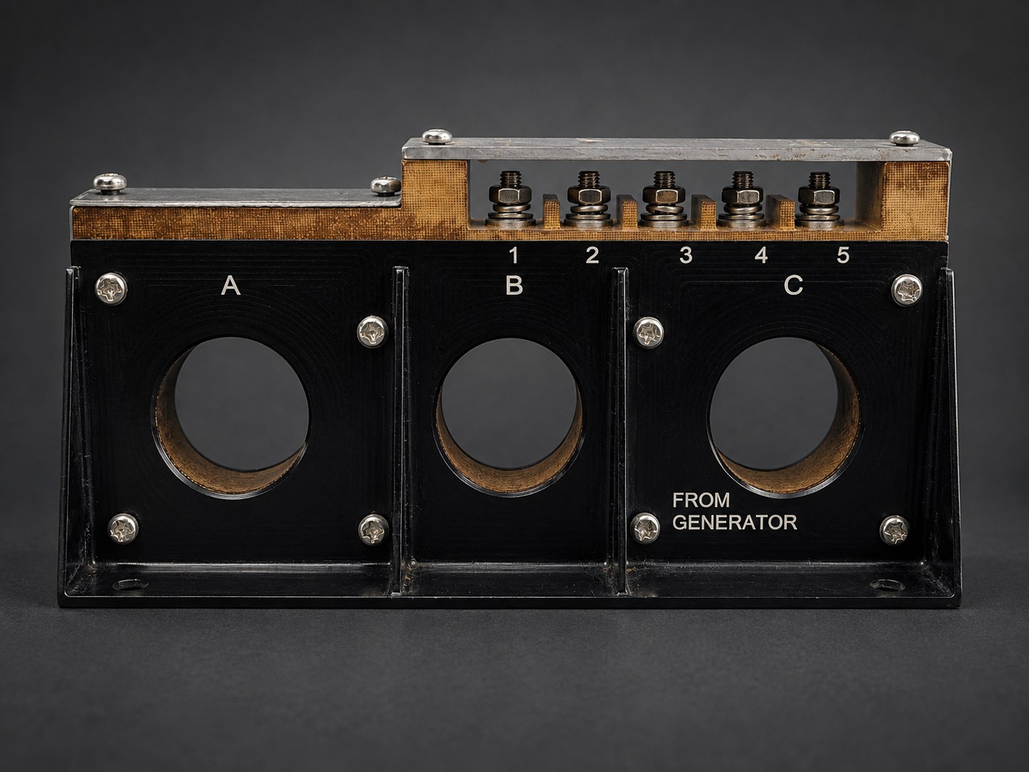 Three-phase current transformer manufactured by Pendios, terminals labelled A, B, C